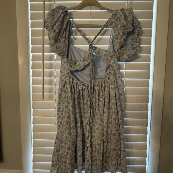 BeBop Floral Dress with Puff Sleeves in Blue and Pink - Picture 3 of 8